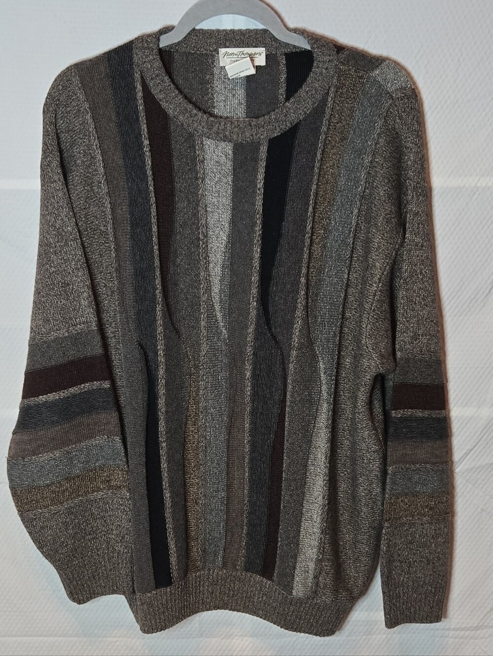 Men's Multi-Stripe Crewneck Sweater - Grey/Brown Vintage Norm Thompson Woolblend